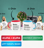 İkili Kırmızı Mavi Kişiye Özel Baba ve Anne Kupa Bardak Anahtarlık Hediye Seti