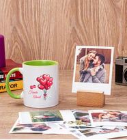 Sevgililere Özel Balon Tasarım Yeşil Kupa Bardak ve Ahşap Standlı Polaroid Set