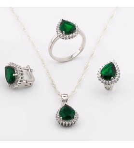 925 Ayar Gümüş Yeşil Zirkon Taşlı Damla Model Bayan Set