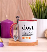 Dost Kelime Anlamı Ahşap Altlıklı Kırmızı Kupa Bardak