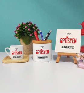 Optisyen Ahşap Altlıklı Türk Kahvesi Fincanı Kalemlik Dekoratif Taş Baskı Seti