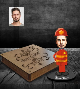 Kişiye Özel İtfaiyeci Tasarımlı Karikatür Ahşap Biblo Kutulu Bay-1