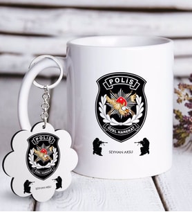 BK Gift Kişiye Özel Mesleki Polis Özel Harekat Beyaz Kupa ve Anahtarlık Hediye Seti (Model 1)