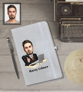 Kişiye Özel İş Adamı Karikatürlü Gri Defter Kalem Hediye Seti  Bay-27