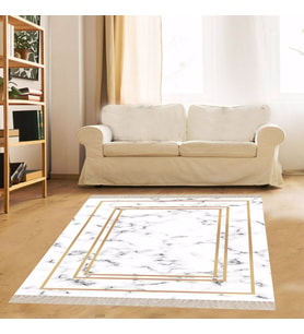 Beyaz Zemin Gold Çerçeveli Mermer Desenli Dijital Baskı Yıkanabilir Modern Salon Halı ve Yolluk (Krem)