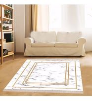 Beyaz Zemin Gold Çerçeveli Mermer Desenli Dijital Baskı Yıkanabilir Modern Salon Halı ve Yolluk (Krem)
