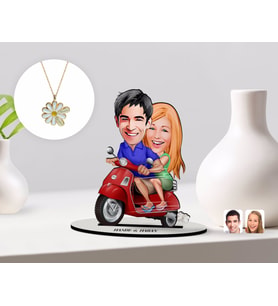BK Gift Kişiye Özel Sevgililer Karikatürlü 3D Ahşap Biblo ve Çift İsimli Papatya Kolye Seti-10 (Model 1)