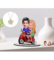 BK Gift Kişiye Özel Sevgililer Karikatürlü 3D Ahşap Biblo ve Çift İsimli Papatya Kolye Seti-10 (Model 1)
