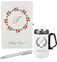 Yaz Çiçeği Desenli Kişiye Özel  Hediye Defter Kalem Ve Termos - Mug Seti