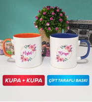 İkili Kişiye Özel İsim Yazılı Çiçek Tasarımlı Kupa Bardak Turuncu Lacivert