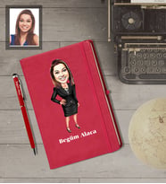 Kişiye Özel Öğretmen Karikatürlü  Kırmızı Defter Kalem Hediye Seti Bayan-12