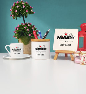 Paramedik Tasarımlı Kişiye Özel Hediye Paramedik Türk Kahvesi Fincanı Kalemlik ve Dekoratif Taş Baskı Seti