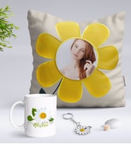 BK Gift Kişiye Özel Fotoğraflı Papatya Yastık Kupa ve Silver Papatya Anahtarlık-4 (Model 1)