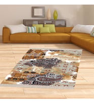 Kırkyama Patchwork Şal Desenli Etnik Dijital Baskı Yıkanabilir Modern Salon Halı ve Yolluk (Kahverengi)