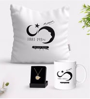 BK Gift Kişiye Özel Atatürk Temalı Beyaz Kupa Yastık ve İsimli Papatya Kolye Hediye Seti-5 (Model 1)