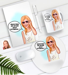 BK Gift Kişiye Özel Bayan Kolay Yetişmiyor Karikatürlü Defter Kalem Kupa Mouse Pad Seti-4 (Model 1)