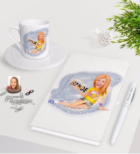 BK Gift Kişiye Özel Bayan Karikatürlü Beyaz Defter Kalem Türk Kahvesi Fincanı Seti-42 (Model 1)