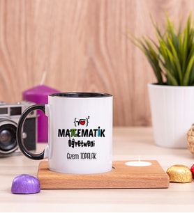 Matematik Öğretmeni Ahşap Altlıklı Mumlu Siyah Kupa Bardak