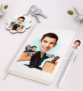 BK Gift Kişiye Özel Erkek Avukat Karikatürlü Beyaz Defter Kalem ve Anahtarlık Hediye Seti-3 (Model 1)