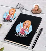 BK Gift Kişiye Özel Kadın Aşçı Karikatürlü Siyah Defter Kalem Ve Anahtarlık Hediye Seti-1 (Model 1)