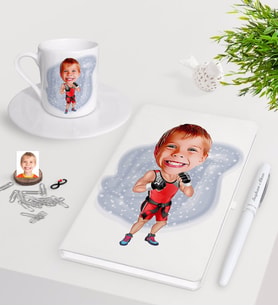 BK Gift Kişiye Özel Çocuk Kick Box Karikatürlü Beyaz Defter Kalem Türk Kahvesi Fincanı Seti-1 (Model 1)