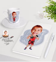 BK Gift Kişiye Özel Çocuk Kick Box Karikatürlü Beyaz Defter Kalem Türk Kahvesi Fincanı Seti-1 (Model 1)