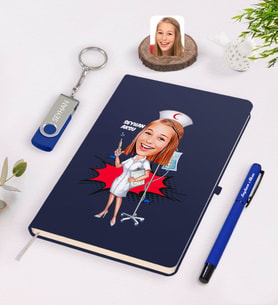 BK Gift Kişiye Özel Hemşire Karikatürlü Lacivert Defter Kalem 32gb USB Bellek Hediye Seti-2 (Model 1)