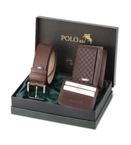 Polo Air Kemer Cüzdan Kartlık Set Kombin Dama Desenli Hediyelik M-13 (Kahverengi)
