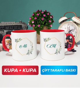 İkili Çiçek Tasarımlı İsme Özel Kupa Bardak Kırmızı