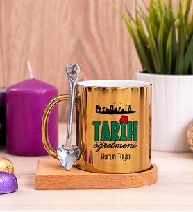 Tarih Öğretmeni Ahşap Altlıklı Gold Kupa Bardak
