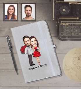 Kişiye Özel Sevgili Karikatürlü Gri Defter Kalem Hediye Seti  Model 10