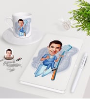 BK Gift Kişiye Özel Erkek Diş Hekimi Karikatürlü Beyaz Defter Kalem Türk Kahvesi Fincanı Seti-2 (Model 1)