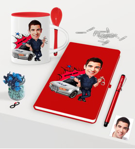 BK Gift Kişiye Özel Bay Trafik Polisi Karikatürlü Kırmızı Defter Kalem Kupa Seti-1 (Model 1)