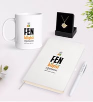 BK Gift Kişiye Özel Fen Bilgisi Öğretmeni Beyaz Kupa Defter Kalem ve İsimli Papatya Kolye Hediye Seti (Model 1)