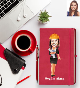 Kişiye Özel Mühendis Karikatürlü Kırmızı Defter Kalem Hediye Seti Bayan-1