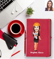 Kişiye Özel Mühendis Karikatürlü Kırmızı Defter Kalem Hediye Seti Bayan-1