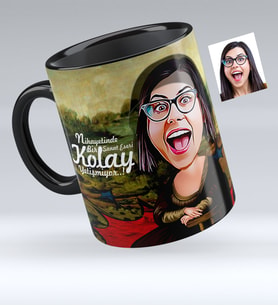 BK Gift Kişiye Özel Mona Lisa Karikatürlü Siyah Kupa Bardak  1