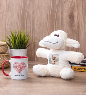 Love Tasarım Hediyelik Kırmızı Kupa Bardak ve Peluş Koyun