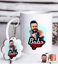 BK Gift Kişiye Özel Baba Oğul Karikatürlü Beyaz Kupa ve Anahtarlık Hediye Seti-4 (Model 1)