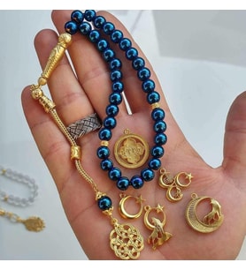 MAVI HEMATIT TAŞİ TESBIH METERAL ÖZEL PÜSKÜL VE PÜSKÜL UCLARI  KUTULU