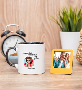 Övmeyeceksen Hiç Yazma Siyah Kupa Bardak ve Sarı Mini Fotoğraf Çerçevesi