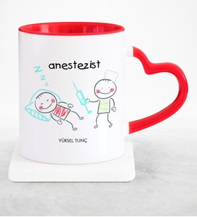 BK Gift Kişiye Özel Mesleki Anestezist Kırmızı Kalpli Kupa Bardak