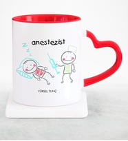 BK Gift Kişiye Özel Mesleki Anestezist Kırmızı Kalpli Kupa Bardak