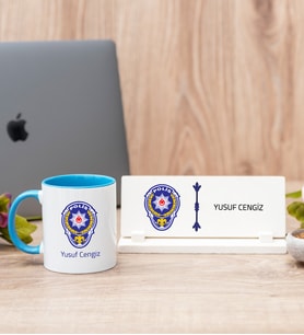 Polis Amblemli Mavi Kupa Bardak Ve Masa İsimliği Hediye Seti
