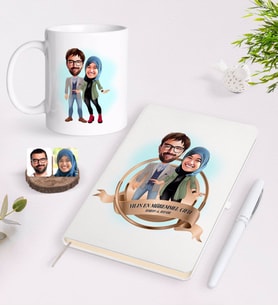 BK Gift Kişiye Özel Yılın En Mükemmel Çifti Karikatürlü Beyaz Defter Kalem ve Kupa Seti-60 (Model 1)