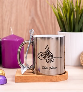 Osmanlı Tuğralı Ahşap Altlıklı Silver Kupa Bardak