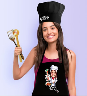 BK Gift Kişiye Özel Bayan Chef Karikatürlü Siyah Mutfak Önlüğü Aşçı Şapkası Seti-4