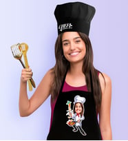 BK Gift Kişiye Özel Bayan Chef Karikatürlü Siyah Mutfak Önlüğü Aşçı Şapkası Seti-4