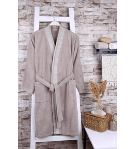 %100 Pamuk Jakarlı Gri Kimono Bornoz (Bej)