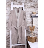 %100 Pamuk Jakarlı Gri Kimono Bornoz (Bej)